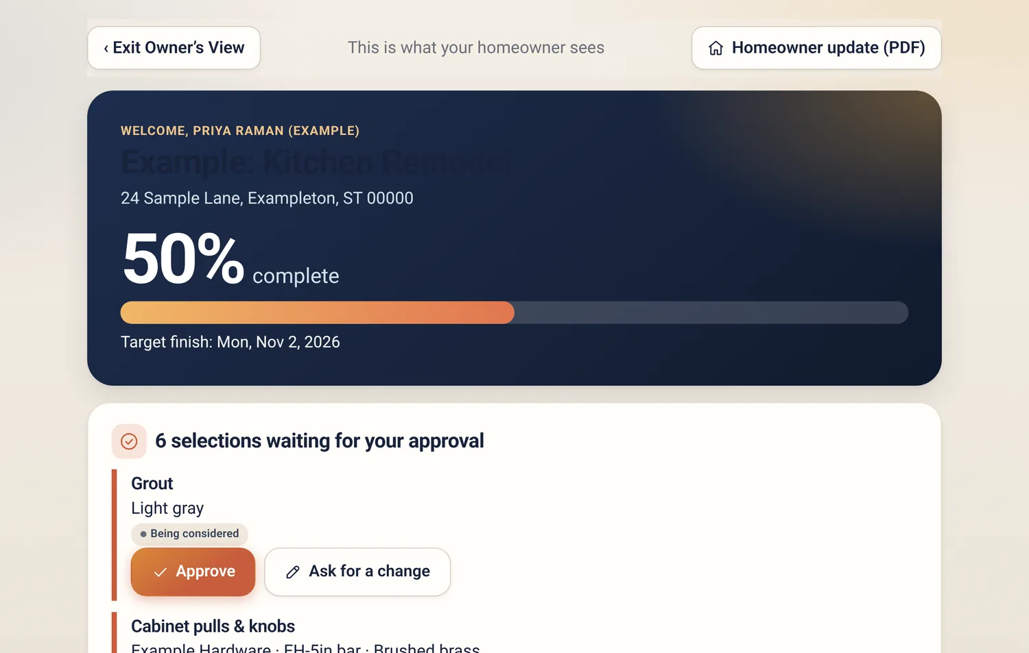 Owner's View in Amberchalk showing 50 percent complete and selections waiting for approval with Approve and Ask for a change buttons