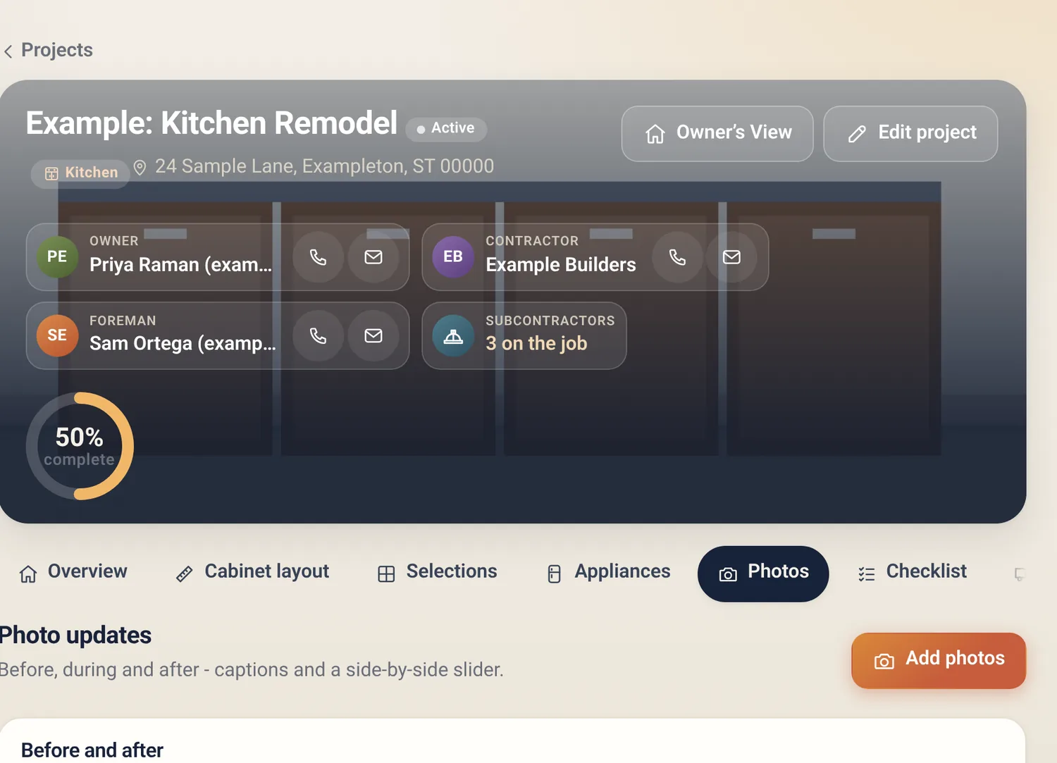 Photos tab in Amberchalk showing the photo updates section with a before-and-after slider and an Add photos button