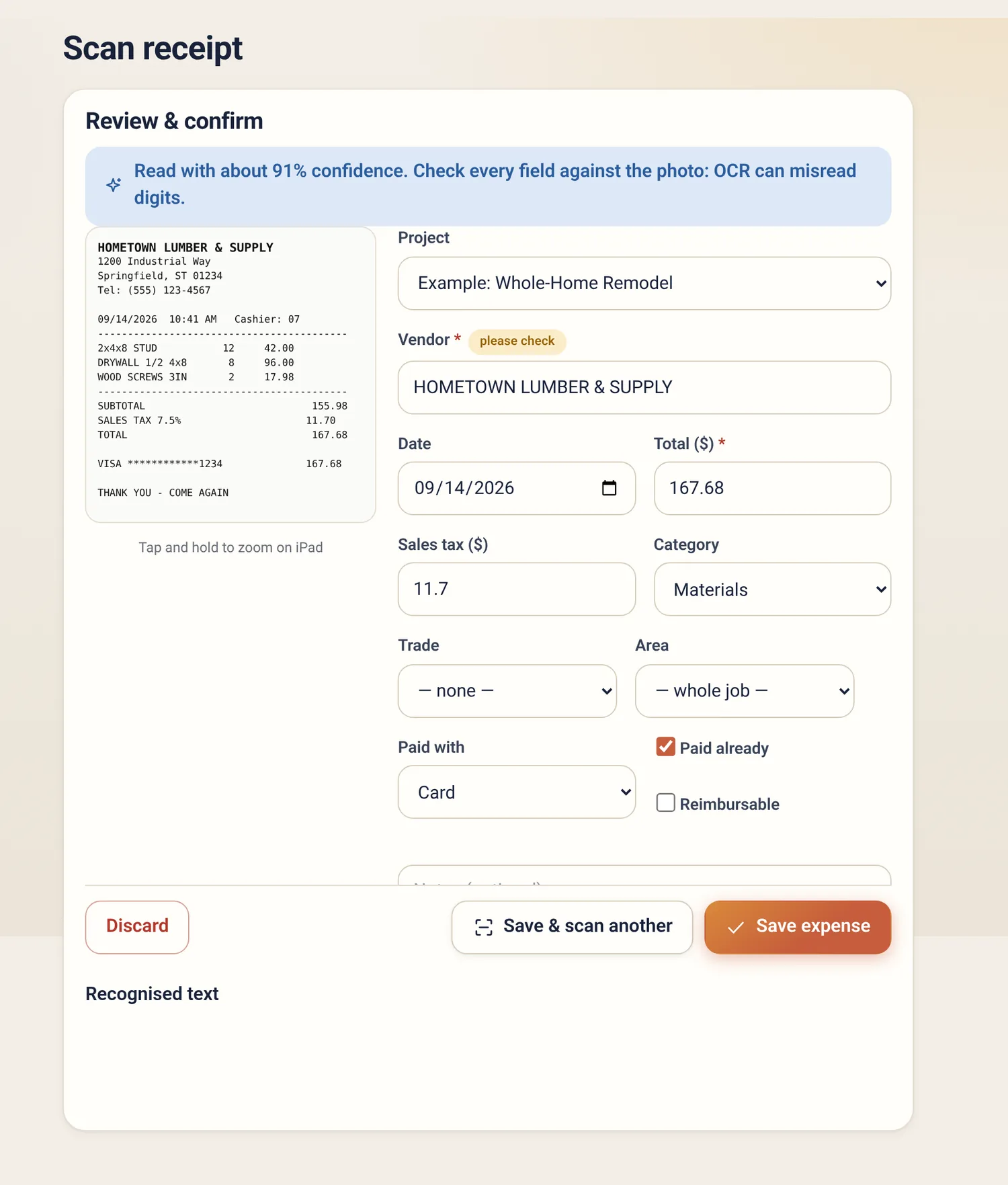 Scan receipt review screen with the receipt photo on the left and the extracted vendor, date, total and category fields on the right